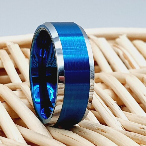 "Brushed Center Blue Tungsten Engagement Ring for Man Woman, GALTUN692